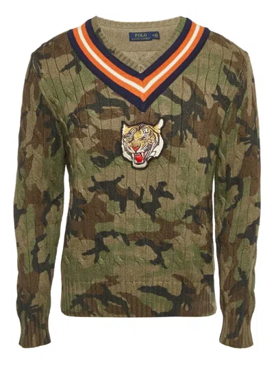Pre-owned Polo Ralph Lauren Camouflage Tiger-appliqué Sweater In Green