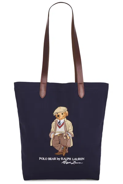 Polo Ralph Lauren Canvas & Leather Seasonal Bear Shipper Tote Bag In Blue
