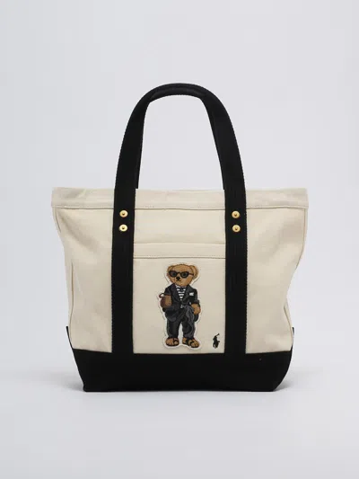 Polo Ralph Lauren Canvas Shopping Bag In Ecru/black