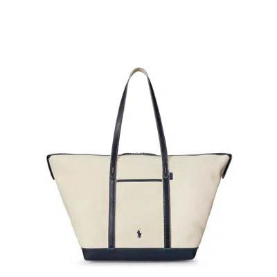 Polo Ralph Lauren Large Leather-trimmed Cotton-blend Canvas Tote In Blue