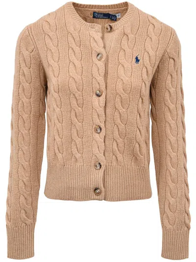 Polo Ralph Lauren Cable Knit Cardigan With Ribbed Finish In Brown