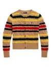 Polo Ralph Lauren Striped Cable Knit Cardigan With Ribbed Cuffs And Hem In Brown