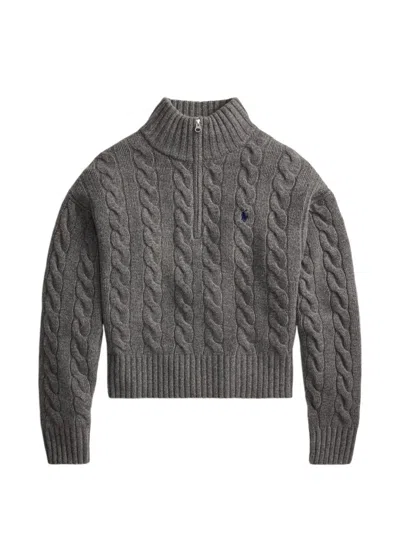 Polo Ralph Lauren Cardigan Corto Grigio Con Zip E Collo Alto A Trecce