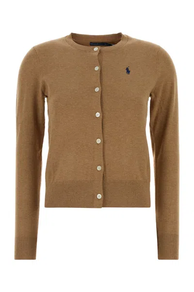 Polo Ralph Lauren Camel Stretch Cotton Blend Cardigan In Brown