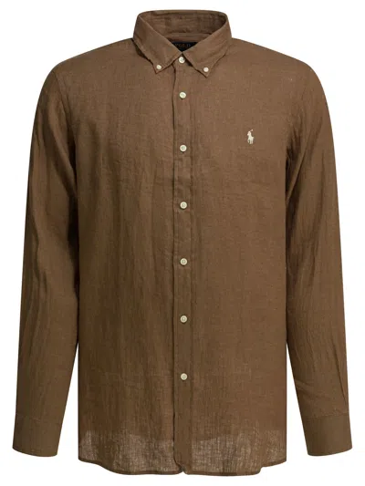 Polo Ralph Lauren Long Sleeve Shirt Logo Detail Collar In Brown
