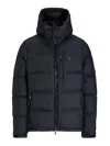 Polo Ralph Lauren Blue Down Jacket With Fixed Hood And Embroidered Pony Logo On Chest In Tech Fabric Man In Black