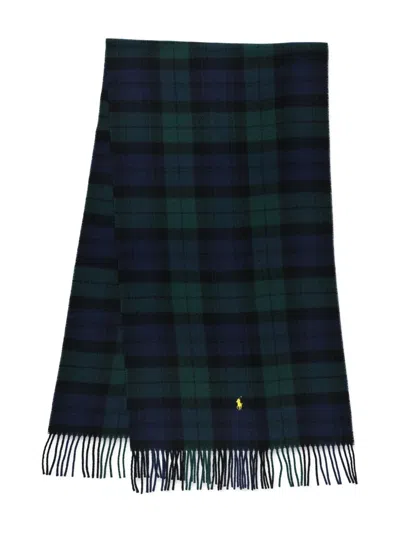 Polo Ralph Lauren Tartan Check Wool Scarf Fringe Trim In Blue
