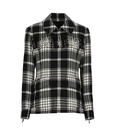 Polo Ralph Lauren Plaid Wool Jacket With Fringes In Black