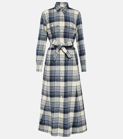 Polo Ralph Lauren Plaid Cotton Twill Shirtdress In Cream Navy Blue Plaid