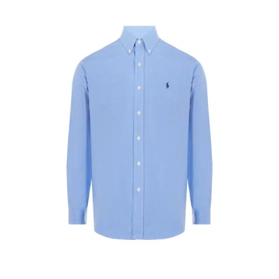 Polo Ralph Lauren Box-pleat Blue Stretch-cotton Poplin Shirt With Embroidered Logo