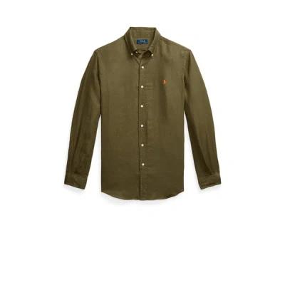 Polo Ralph Lauren Button-down Collar Logo-embroidered Linen Shirt In Green