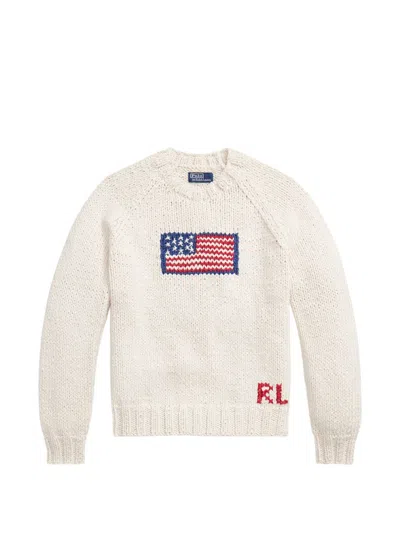 Polo Ralph Lauren Chunky Knit Sweater With Flag Intarsia In White
