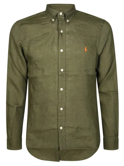 Polo Ralph Lauren Classic Button-down Linen Shirt With Logo In Green
