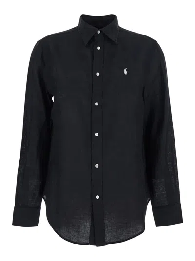 Polo Ralph Lauren 'classic Fit' Black Shirt With Pointed Collar And Pony Logo Embroidered On The Front In Linen Woman