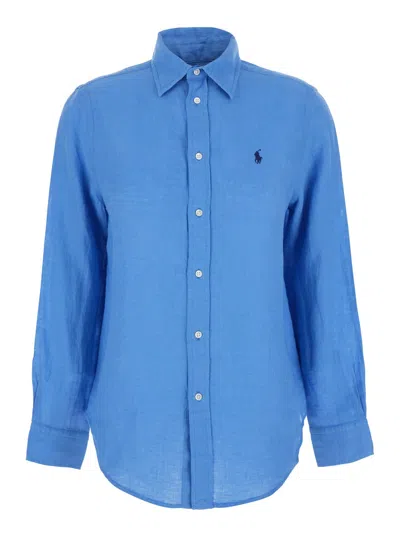 Polo Ralph Lauren Classic Fit Blue Shirt With Pointed Collar And Pony Logo Embroidered On The Front In Linen Woman