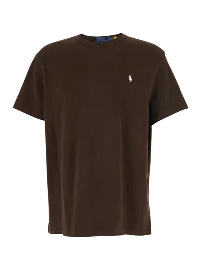 POLO RALPH LAUREN 'CLASSIC FIT' BROWN CREW NECK T-SHIRT WITH PONY EMBROIDERY IN COTTON MAN