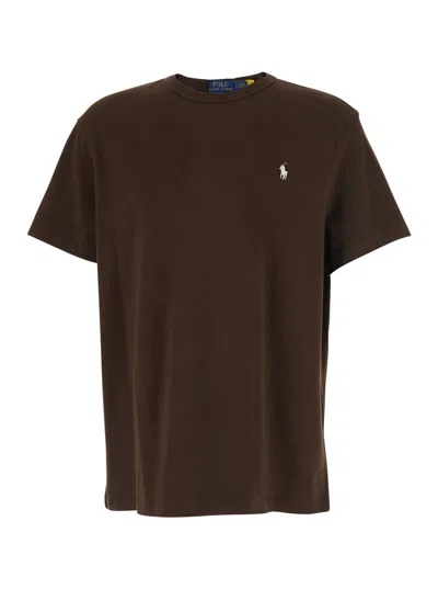 Polo Ralph Lauren Classic Fit Brown Crew Neck T-shirt With Pony Embroidery In Cotton Man
