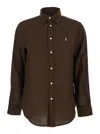 Polo Ralph Lauren 'classic Fit' Brown Shirt With Pointed Collar And Pony Logo Embroidered On The Front In Linen Woman In Brown