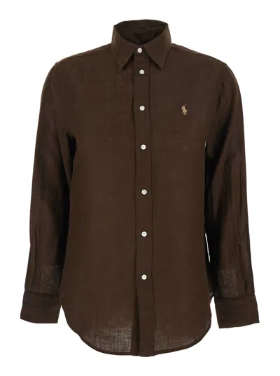 Polo Ralph Lauren 'classic Fit' Brown Shirt With Pointed Collar And Pony Logo Embroidered On The Front In Linen Woman