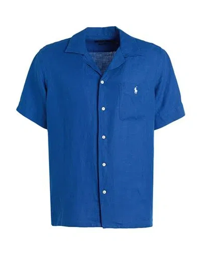 Polo Ralph Lauren Classic Fit Linen Camp Shirt Man Shirt Bright Blue Size L Linen