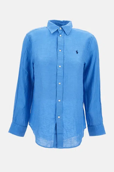 Polo Ralph Lauren Classic Fit Blue Shirt With Pointed Collar And Pony Logo Embroidered On The Front In Linen Woman