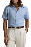 Polo Ralph Lauren Classic Fit Solid Blue Short Sleeve Linen Button-down Shirt In Office Blue