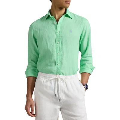 Polo Ralph Lauren Classic Fit Solid Green Linen Button-down Shirt In Aqua Verde