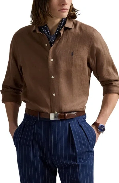 Polo Ralph Lauren Classic Fit Solid Linen Button-up Shirt In Brown