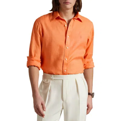 Polo Ralph Lauren Classic Fit Solid Orange Linen Button-down Shirt In Poppy