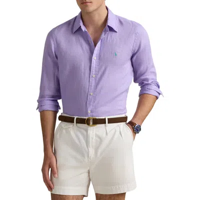 Polo Ralph Lauren Classic Fit Solid Purple Linen Button-down Shirt In Powder Purple