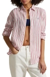 Polo Ralph Lauren Relaxed Fit Striped Linen Shirt Woman Shirt Beige Size Xl Linen In White/red