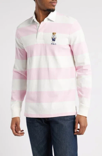 Polo Ralph Lauren Classic Fit Stripe Long Sleeve Rugby Shirt In Pink/white Heritage Icons Bear
