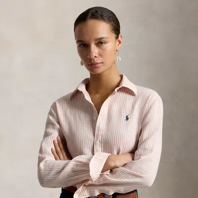 Polo Ralph Lauren Classic Fit Striped Linen Shirt In Dark Mauve/white In Pink