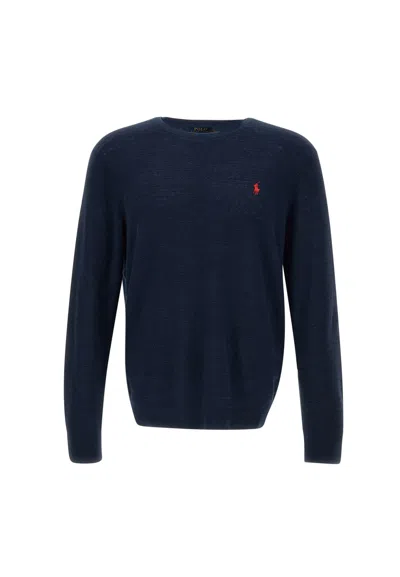 Polo Ralph Lauren Classic Linen And Cotton Pullover Sweater In Bright Navy W/red