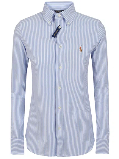 Polo Ralph Lauren Long Sleeve Striped Knit Polo With Point Collar In Blue