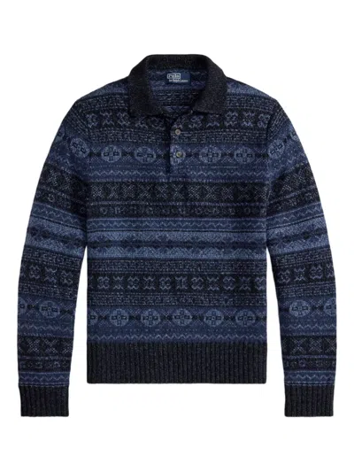 Polo Ralph Lauren Fair Isle Wool And Linen-blend Polo Sweater In Blue