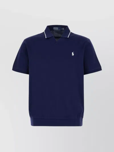 Polo Ralph Lauren Collared Shirt Ribbed Hem Short Sleeves In Blue