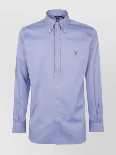 Polo Ralph Lauren Collared Shirt With Curved Hem And Long Sleeves In Blue