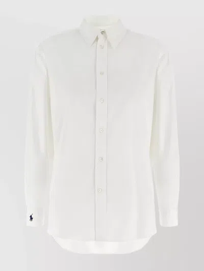 Polo Ralph Lauren Collared Shirt With Embroidered Cuffs And Long Sleeves In White