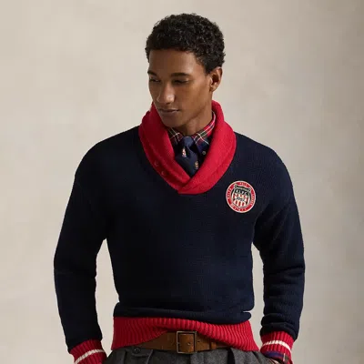 Polo Ralph Lauren Colour-blocked Cotton Shawl Jumper In Blue