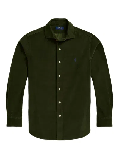 Polo Ralph Lauren Collared Shirt With Cuffed Long Sleeves In Green