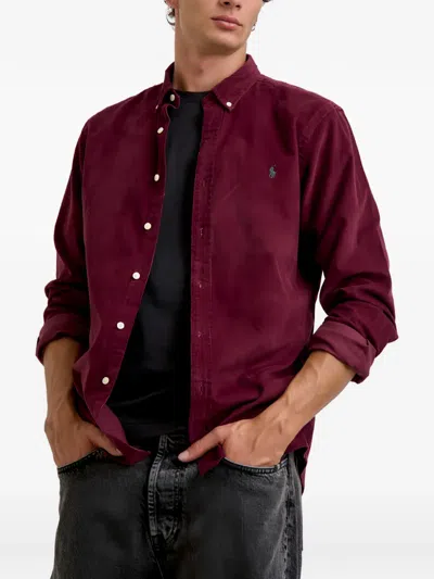 Polo Ralph Lauren Button-down Collar Logo-embroidered Cotton-corduroy Shirt In Burgundy