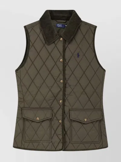 Polo Ralph Lauren Corduroy Collar Quilted Vest Front Flap Pockets