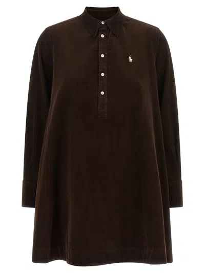 Polo Ralph Lauren Corduroy Dress With Embroidery In Brown