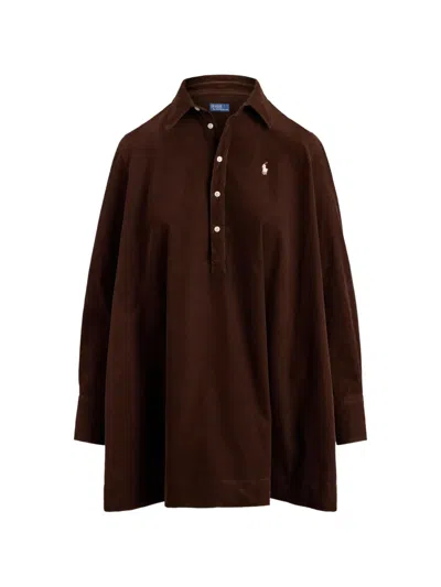 Polo Ralph Lauren Flared Cotton Mini Polo Dress With Pony Logo In Brown