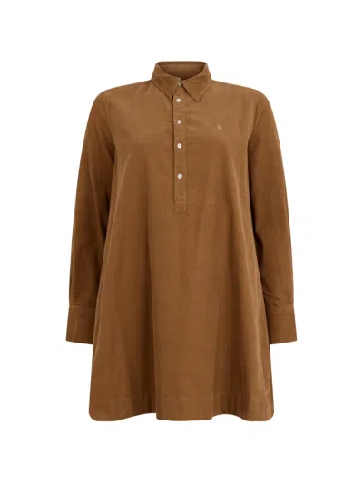 Polo Ralph Lauren Corduroy Pleated Mini Shirt Dress In Braun