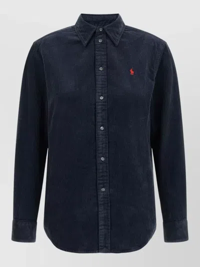 Polo Ralph Lauren Corduroy Shirt Straight Cut Curved Hem Long Sleeves In Blue