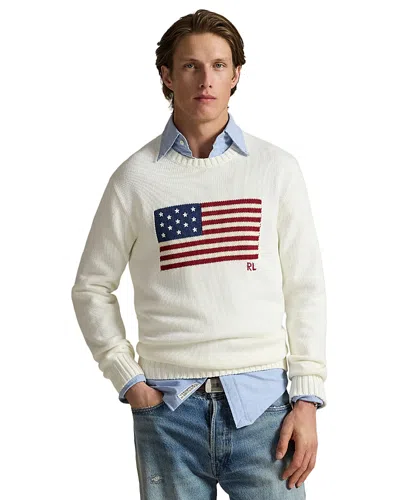 Polo Ralph Lauren Long Sleeve Roving Cotton Usa Flag Crewneck Sweater In White