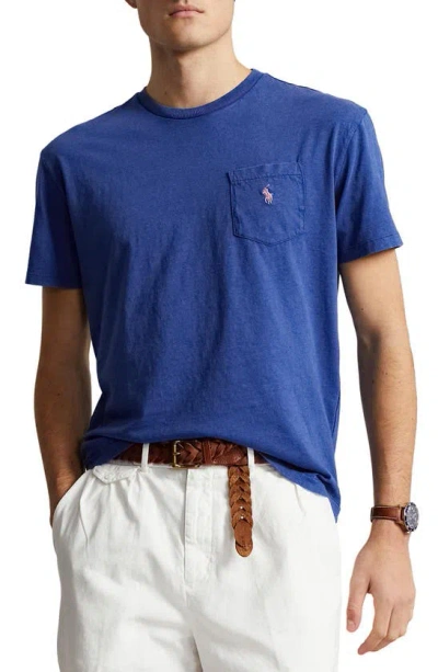 Polo Ralph Lauren Classic Fit Cotton-linen Pocket T-shirt Man T-shirt Blue Size L Cotton, Linen