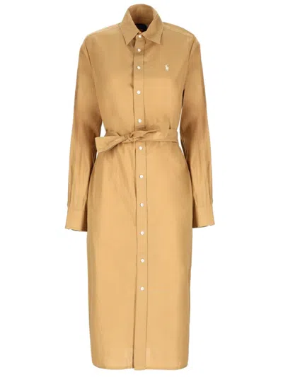 Polo Ralph Lauren Cotton Linen Shirt Midi Dress In Brown